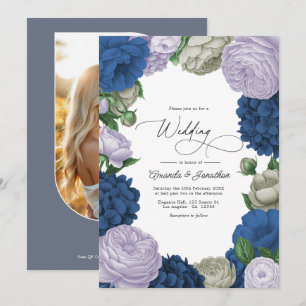 Convite Casamento Floral Azul-Navy, Lilás Suave e Cinza Nu