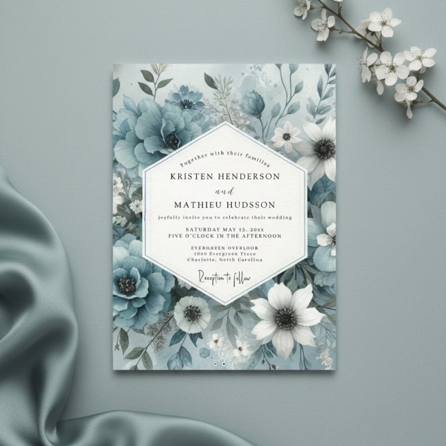 Convite Casamento Floral Azul Nebuloso (Criador carregado)