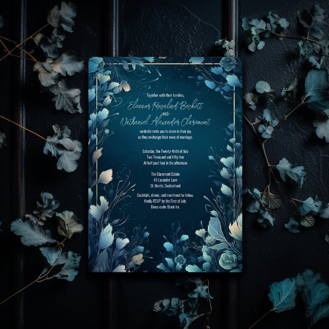 Convite Casamento Floral Azul-Negro e Aquamarino (Criador carregado)