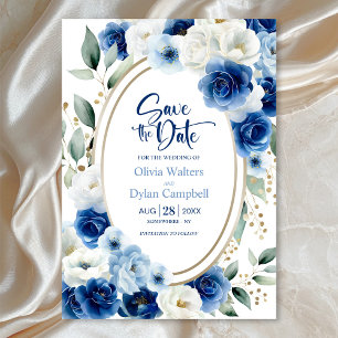 Convite Casamento Floral Azul Oval Salvar a Data