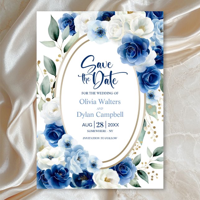 Convite Casamento Floral Azul Oval Salvar a Data (Criador carregado)
