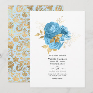 Convite Casamento Floral Azul Pastel e Dourado
