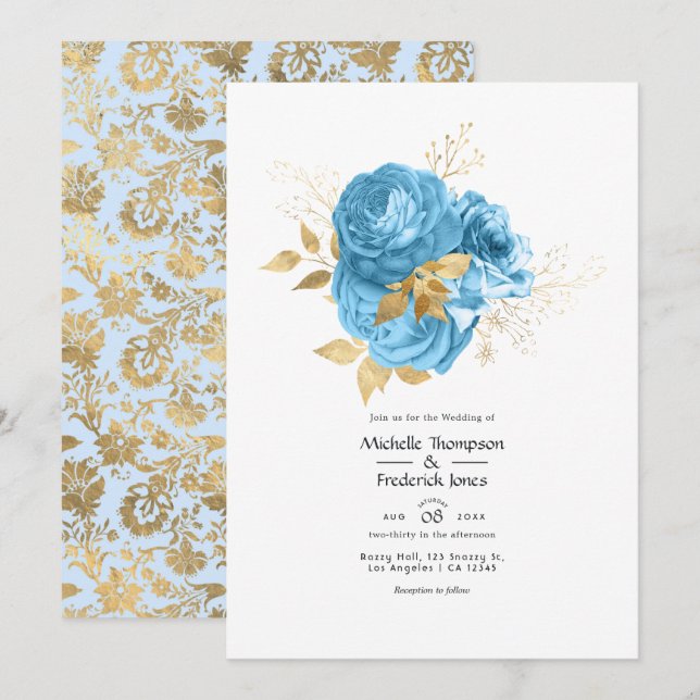 Convite Casamento Floral Azul Pastel e Dourado (Frente/Verso)