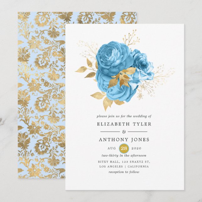 Convite Casamento Floral Azul Pastel e Dourado (Frente/Verso)