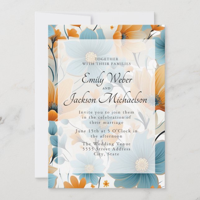 Convite Casamento Floral Azul Peach Watercolor (Frente)
