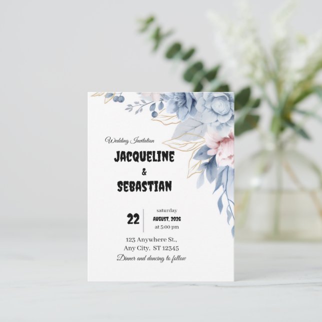 Convite Casamento Floral Azul Personalizável (Em pé/Frente)