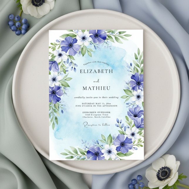 Convite Casamento Floral Azul Pintura (Criador carregado)