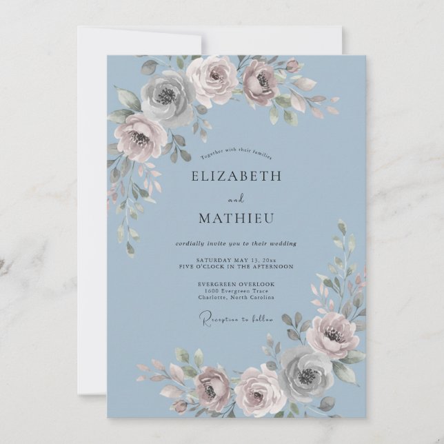 Convite Casamento Floral Azul Pizarra (Frente)