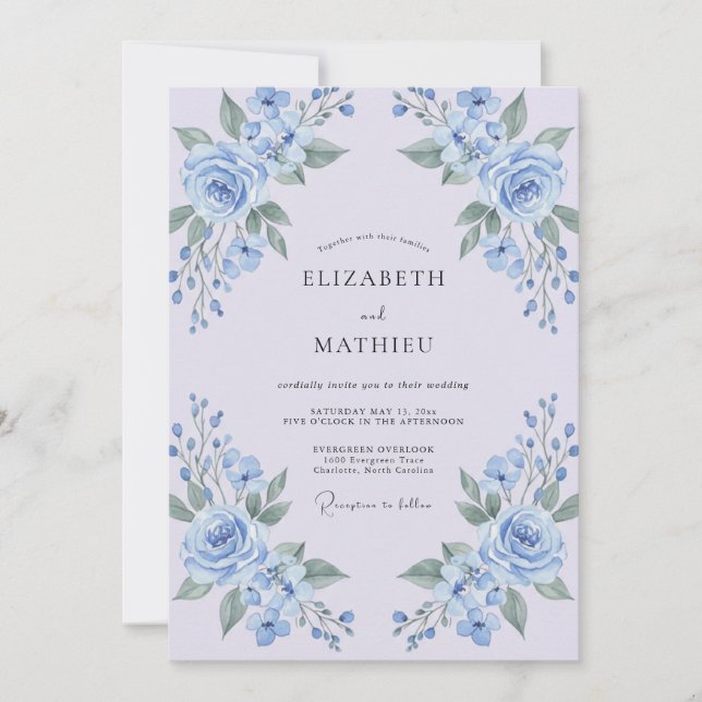 Convite Casamento Floral Azul Pó (Frente)