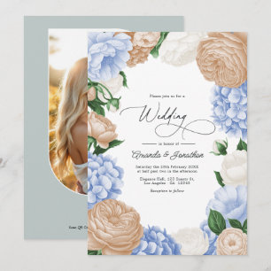 Convite Casamento Floral Azul Pó, Bege Areia e Branco