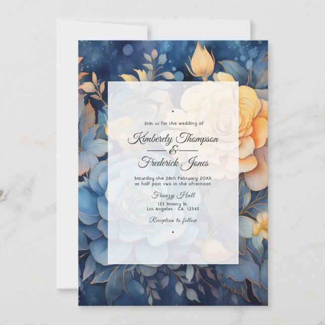 Convite Casamento Floral Azul Poeira e Dourado (Frente)