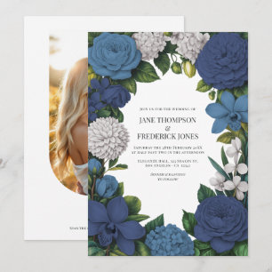 Convite Casamento Floral Azul Poeira, Prata e Naval