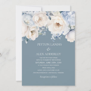 Convite Casamento Floral Azul Poeirento Creme Branco