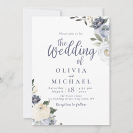 Convite Casamento floral azul-poeirento de cor botânica