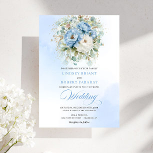 Convite Casamento Floral Azul Poeirento Dourado Romântico 