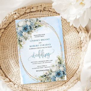 Convite Casamento Floral Azul Poeirento Elegante Quadro Do