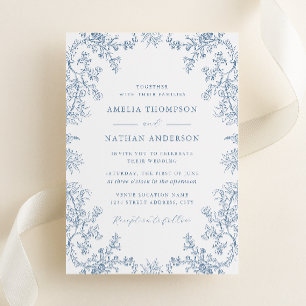 Convite Casamento Floral Azul Poeirento Vintage Elegante