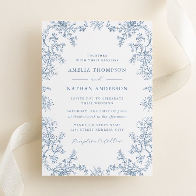 Convite Casamento Floral Azul Poeirento Vintage Elegante (Criador carregado)