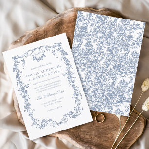 Convite Casamento Floral Azul Poeirento Vintage Francês Vi