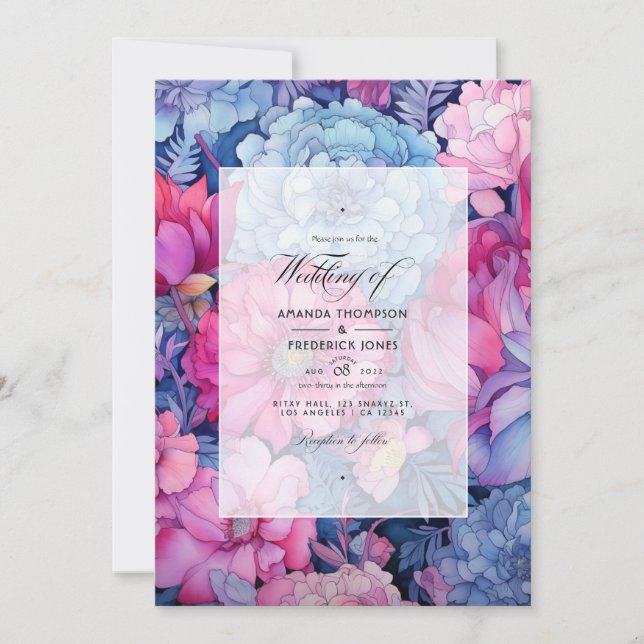 Convite Casamento Floral Azul Poento e Fúcsia (Frente)