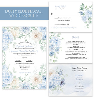 Convite Casamento Floral Azul Poento e Marfim