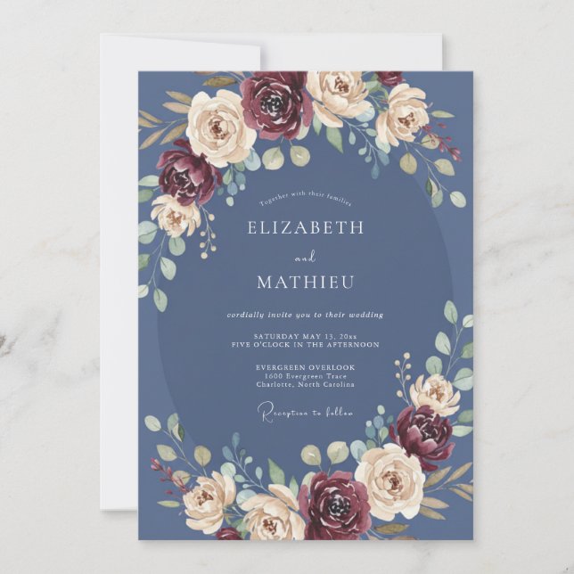Convite Casamento Floral Azul Profundo de Outono (Frente)