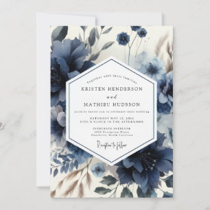 Convite Casamento Floral Azul Profundo e Temperamental