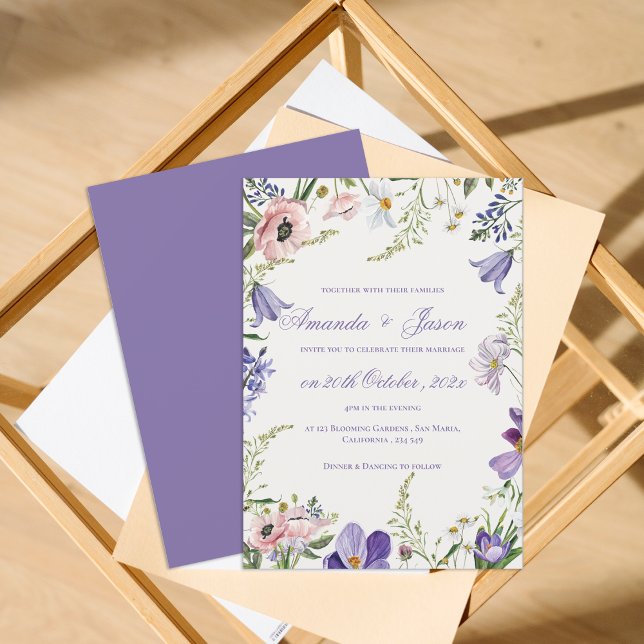 Convite Casamento Floral Azul Púrpura Pêssego Bonito Elega (Elegant Pretty Peach Purple Blue Floral Wedding Invitation)