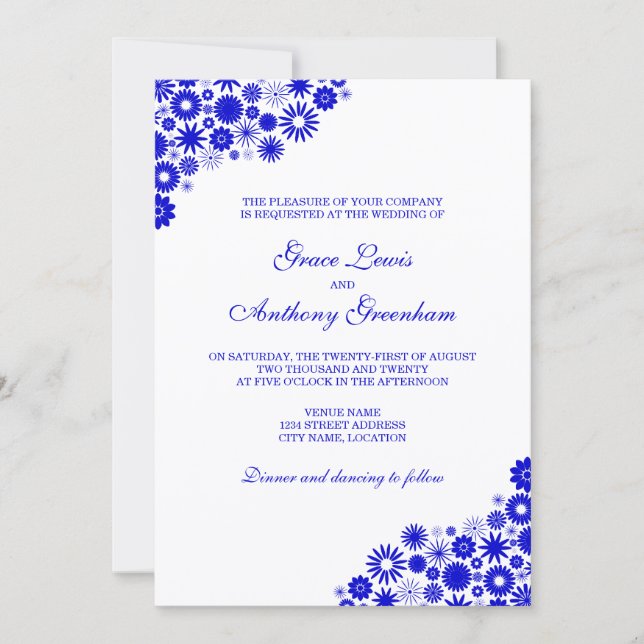 Convite Casamento Floral Azul Real Bonito (Frente)