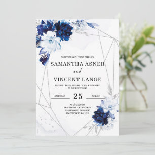 Convite Casamento Floral Azul Real Branco Prata