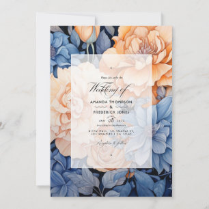 Convite Casamento Floral Azul Real e Bege e Cinza