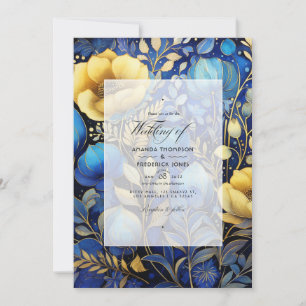 Convite Casamento Floral Azul Real e Dourado