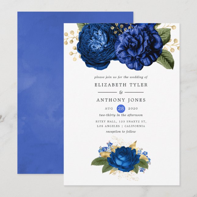 Convite Casamento Floral Azul Real e Dourado (Frente/Verso)