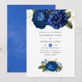 Convite Casamento Floral Azul Real e Dourado