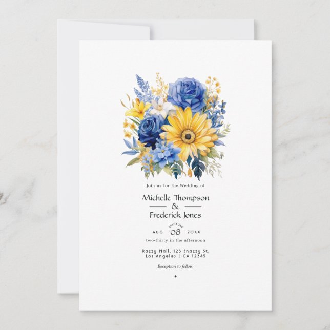 Convite Casamento Floral Azul Real e Dourado (Frente)