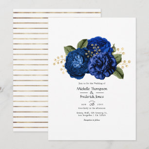 Convite Casamento Floral Azul Real e Dourado Falso de Folh