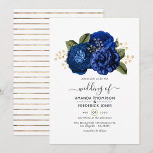 Convite Casamento Floral Azul Real e Dourado Falso em Folh