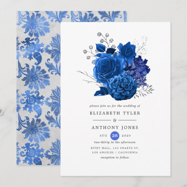 Convite Casamento Floral Azul Real e Prata (Frente/Verso)