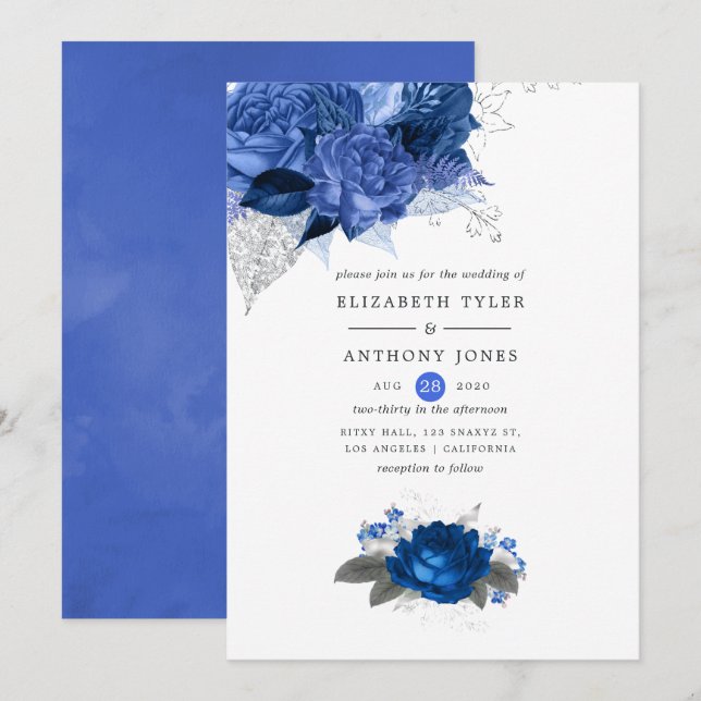 Convite Casamento Floral Azul Real e Prata (Frente/Verso)
