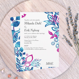 Convite Casamento Floral Azul Real e Rosa
