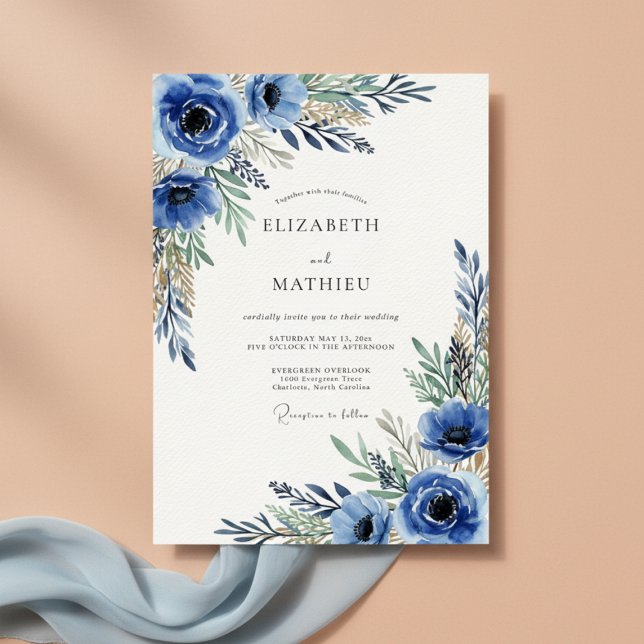 Convite Casamento Floral Azul Real Pintado (Criador carregado)
