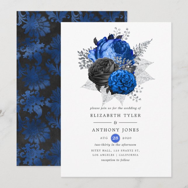 Convite Casamento Floral Azul Real, Preto e Prata (Frente/Verso)