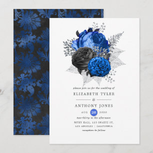 Convite Casamento Floral Azul Real, Preto e Prata