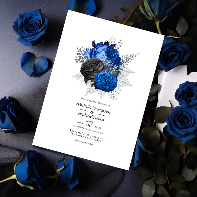 Convite Casamento Floral Azul Real, Preto e Prata (Criador carregado)