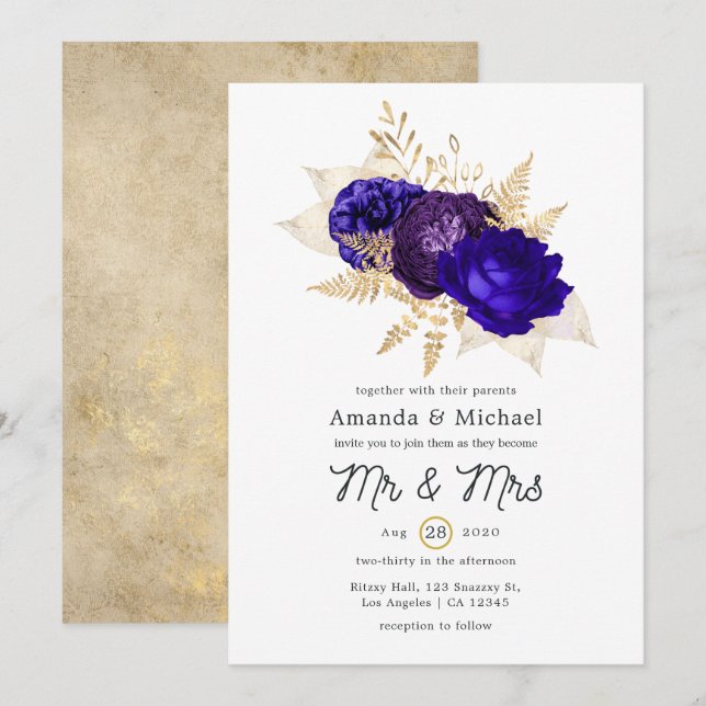 Convite Casamento Floral Azul Real, Roxo e Dourado (Frente/Verso)