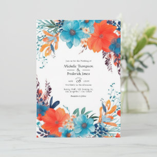 Convite Casamento Floral Azul Real, Turquesa e Coral