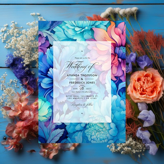 Convite Casamento Floral Azul Real, Turquesa e Coral (Criador carregado)