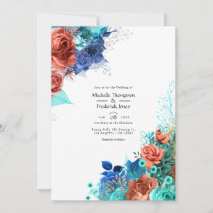 Convite Casamento Floral Azul Real, Turquesa e Coral