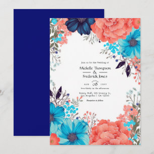 Convite Casamento Floral Azul Real, Turquesa e Coral
