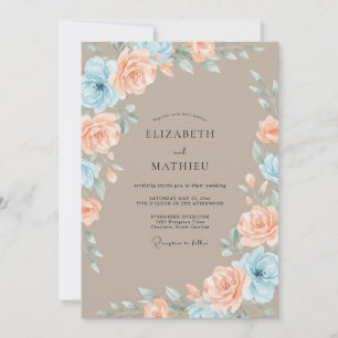 Convite Casamento Floral Azul Romance Pêssego